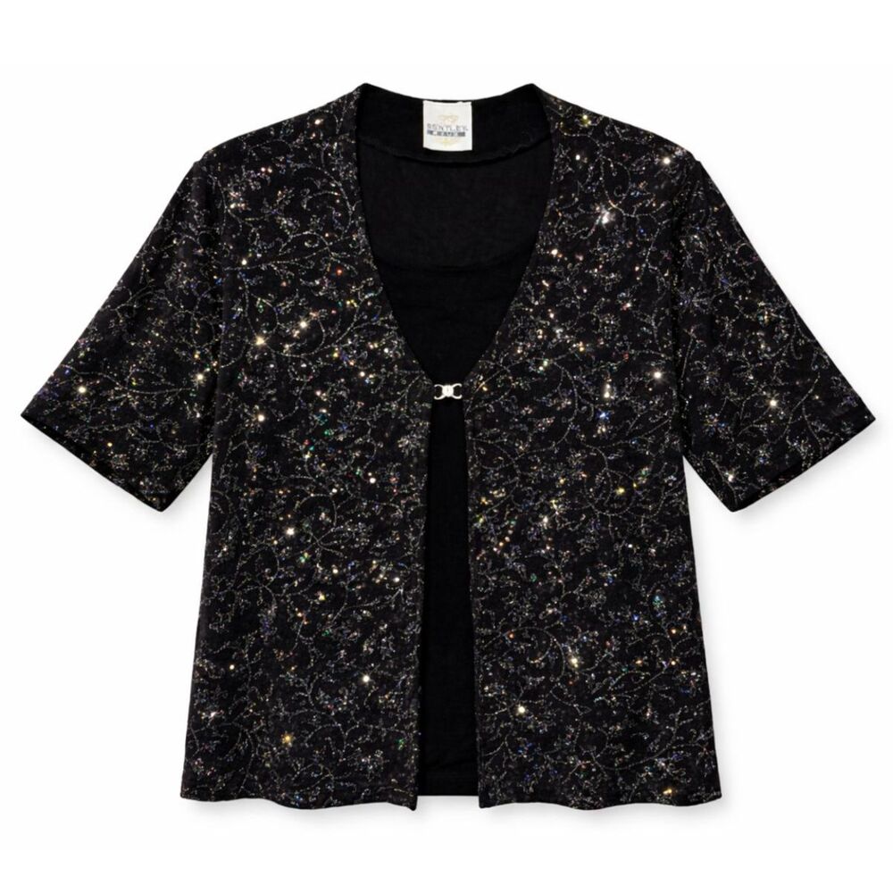 Bentley Plus Sparkle Floral Top Womens‎ Black Glitter Sheer Party Evening Y2K XL